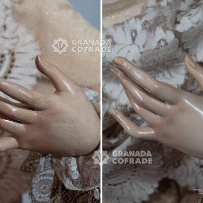 Detalle de las manos de la Virgen del Amor y el Trabajo. Foto: Hermandad