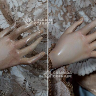 Detalle de las manos de la Virgen del Amor y el Trabajo